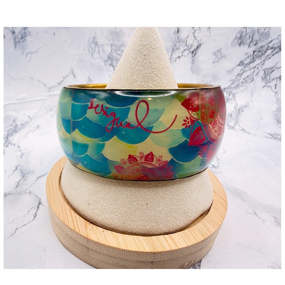 DESIGUAL Multicolor Floral Wide Bangle Bracelet Gold Tone Signed 8 Inch